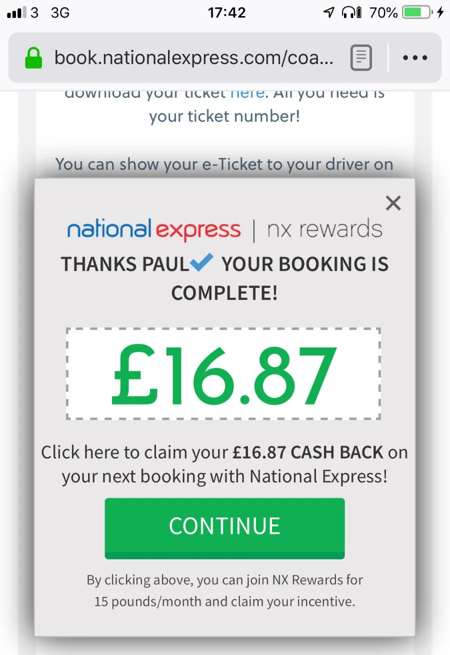 National Express: cash back offer used to sneak sale of paid-for subscription.