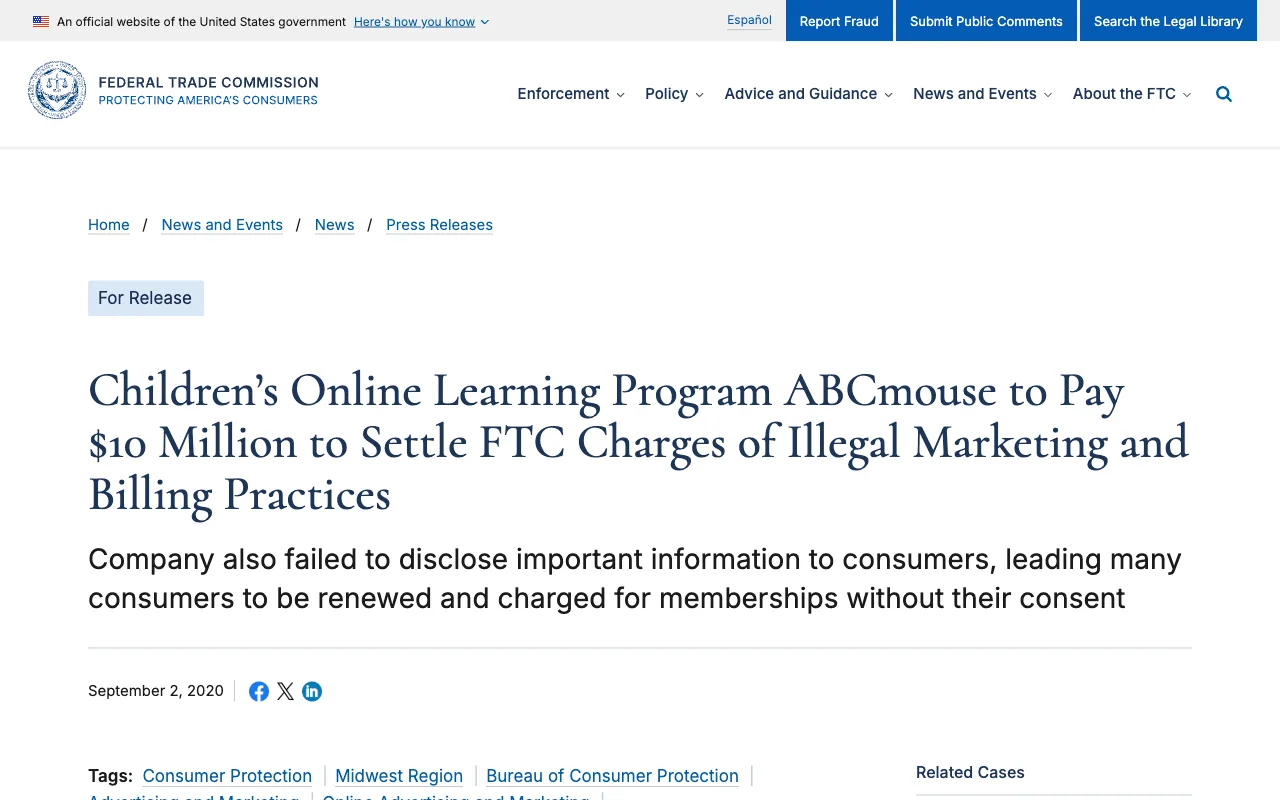 ABC Mouse: charging and renewing memberships without consent.