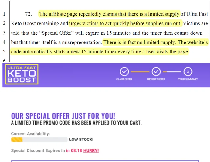 Ultra Fast Keto Boost using fake scarcity and urgency to falsely urge customers to act quickly
