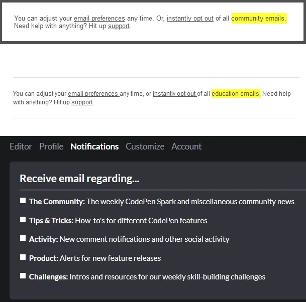 CodePen: Unsubscribe from mailing list.