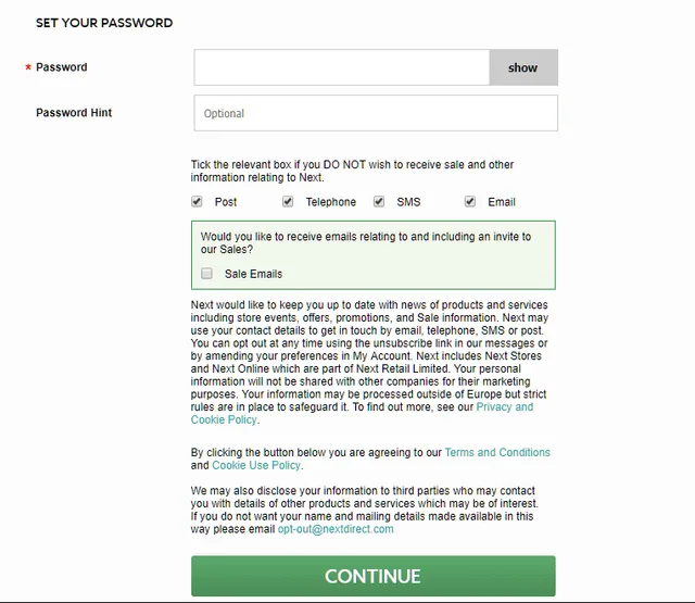 Clothing retailer Next requires users to tick some checkboxes and untick others in order to opt out from marketing emails.