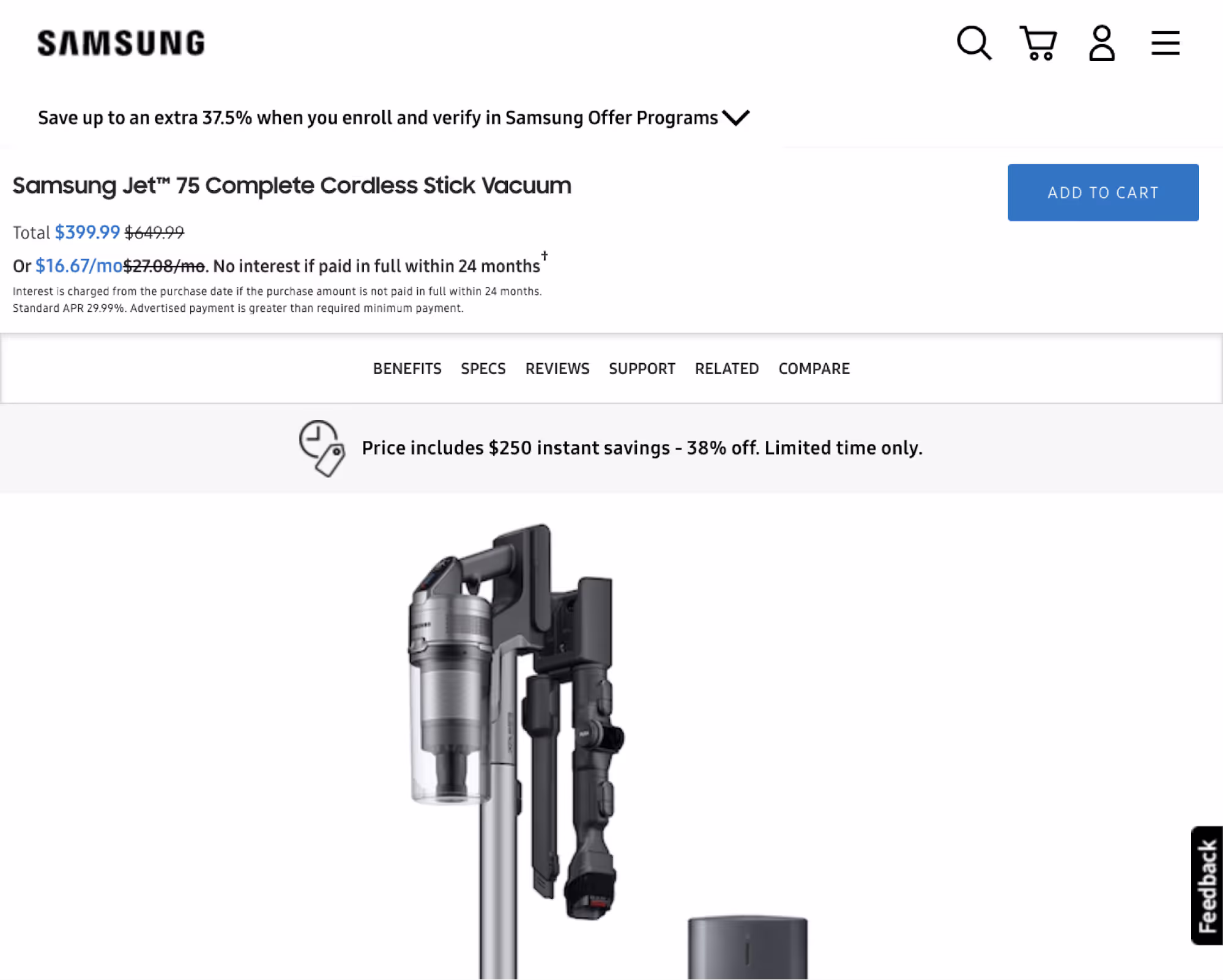 Screenshot of samsung.com showing an offer page for a vacuum cleaner. The offer text reads ‘Price includes $250 instant savings - 38% off. Limited time only’, yet the offer had been available for two months.