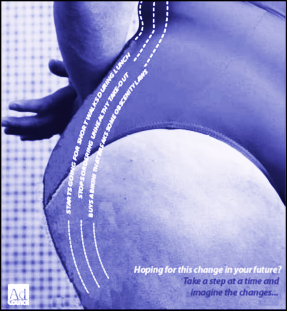 Advertisement featuring an image of a woman’s right hip and upper thigh in a swimming costume or leotard. Over the image is some text: ‘Starts going for short walks during lunch’; ‘Stops ordering unhealthy take-out’; ‘Buys a bikini that breaks some obscenity laws’; The slogan reads ‘Hoping for this change in your future?’