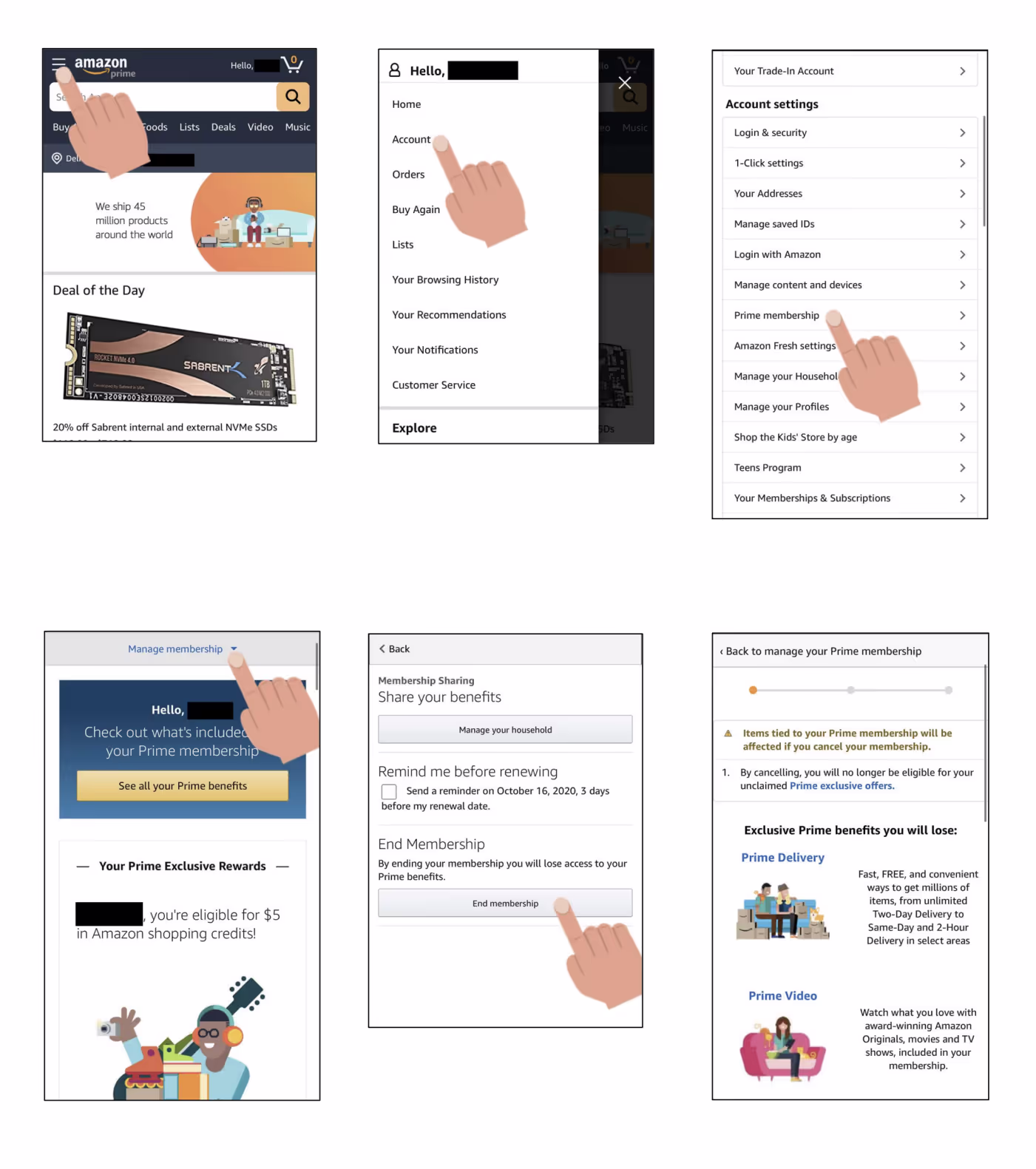 A collection of screenshots showing the complex process of cancelling an Amazon Prime subscription. 1. Opening the navigation menu. 2. Tapping ‘Account’. 3. Choosing ‘Prime membership’. 4. Tapping ‘Manage membership’ above a screen prompting the benefits of membership’. 5. Pushing a button marked ‘End membership’. 6. The next screen emphasises what the user will lose by unsubscribing.